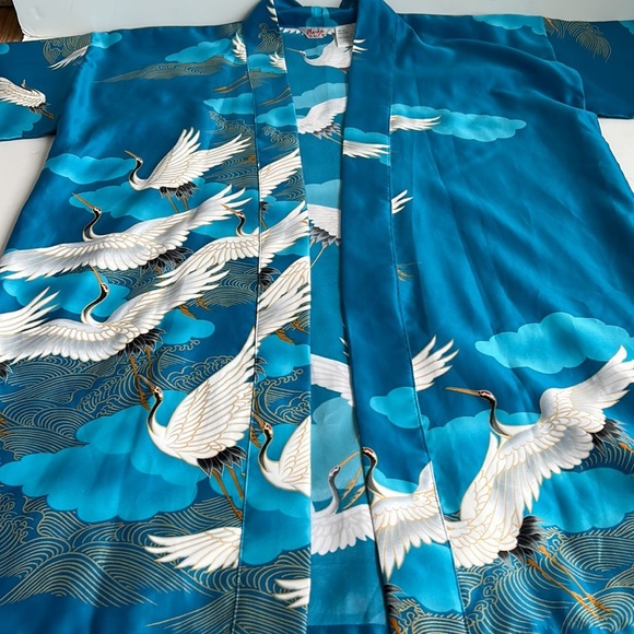 Vintage Marukyo Tokyo turquoise blue w cranes kimono robe - Picture 16 of 16